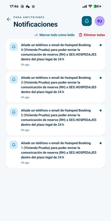 Pantalla de notificaciones de la app avisando de datos que faltan para comunicar reservas