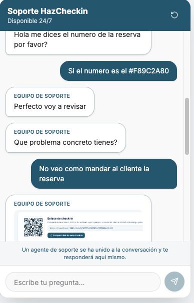 Conversación del chat de soporte con mensajes del equipo humano y aviso de que un agente se ha unido
