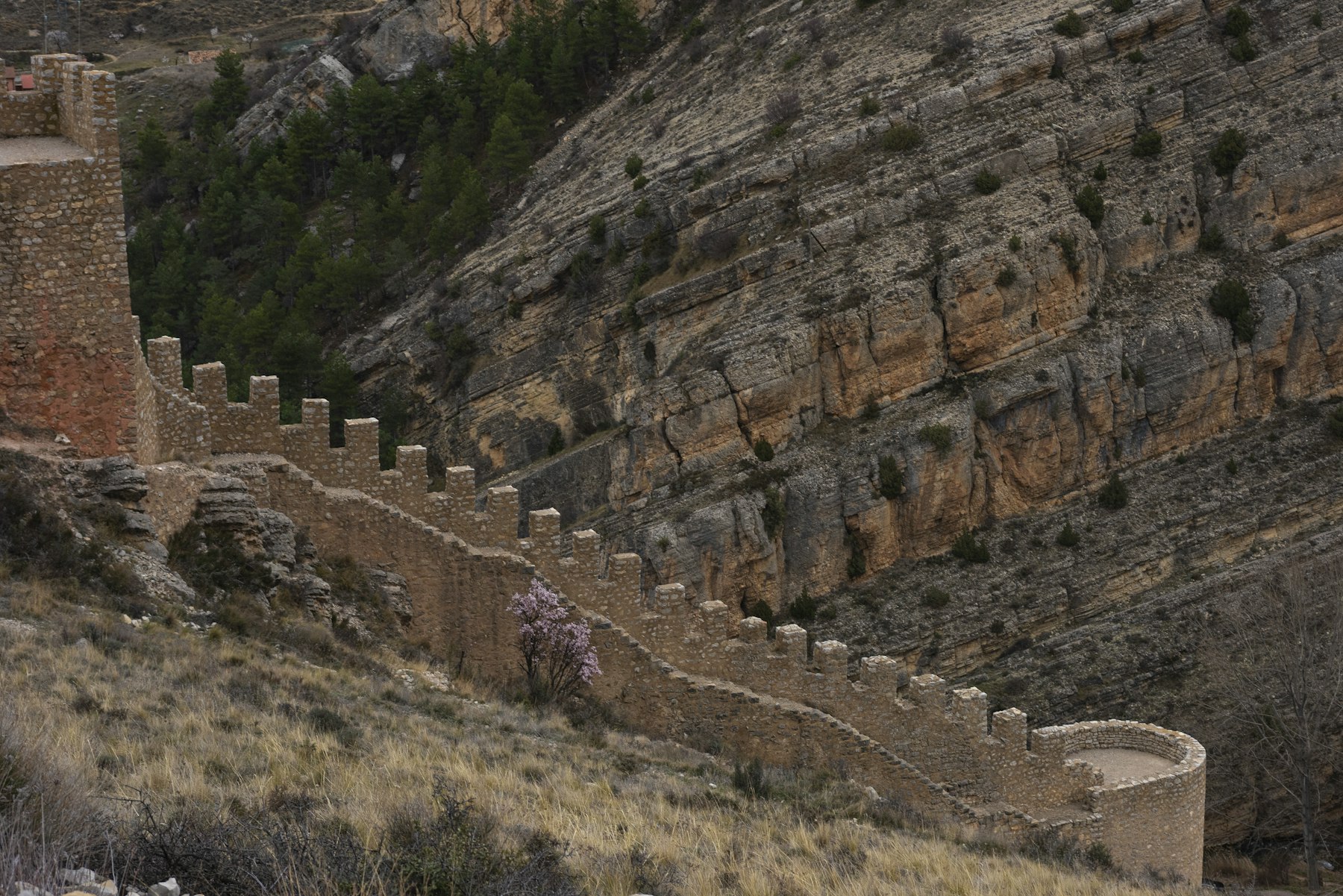 Crenellated wall of Albarracín dropping along the sierra hillside