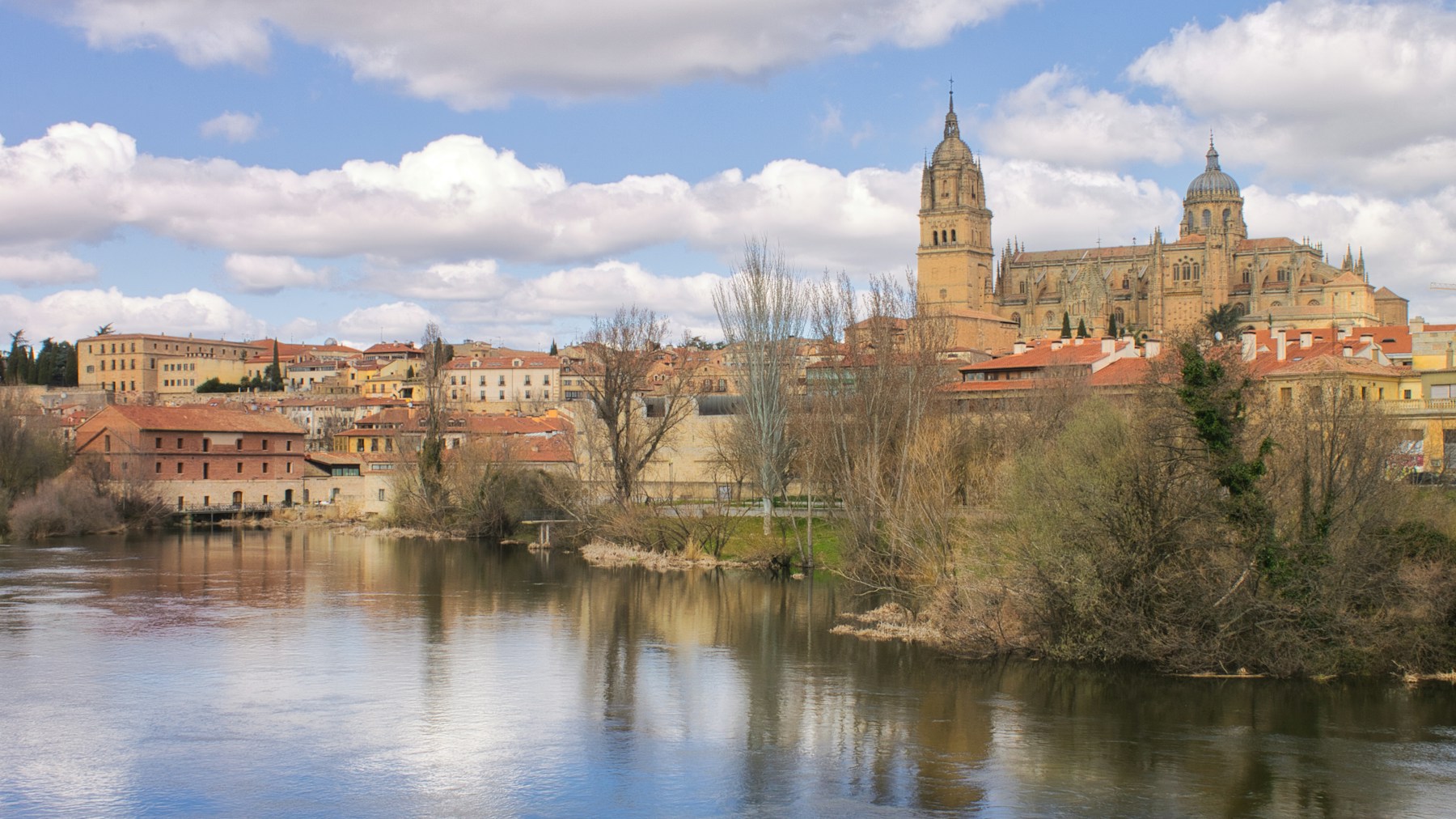 Paisaje gallego con agua, edificios históricos y cielo nublado