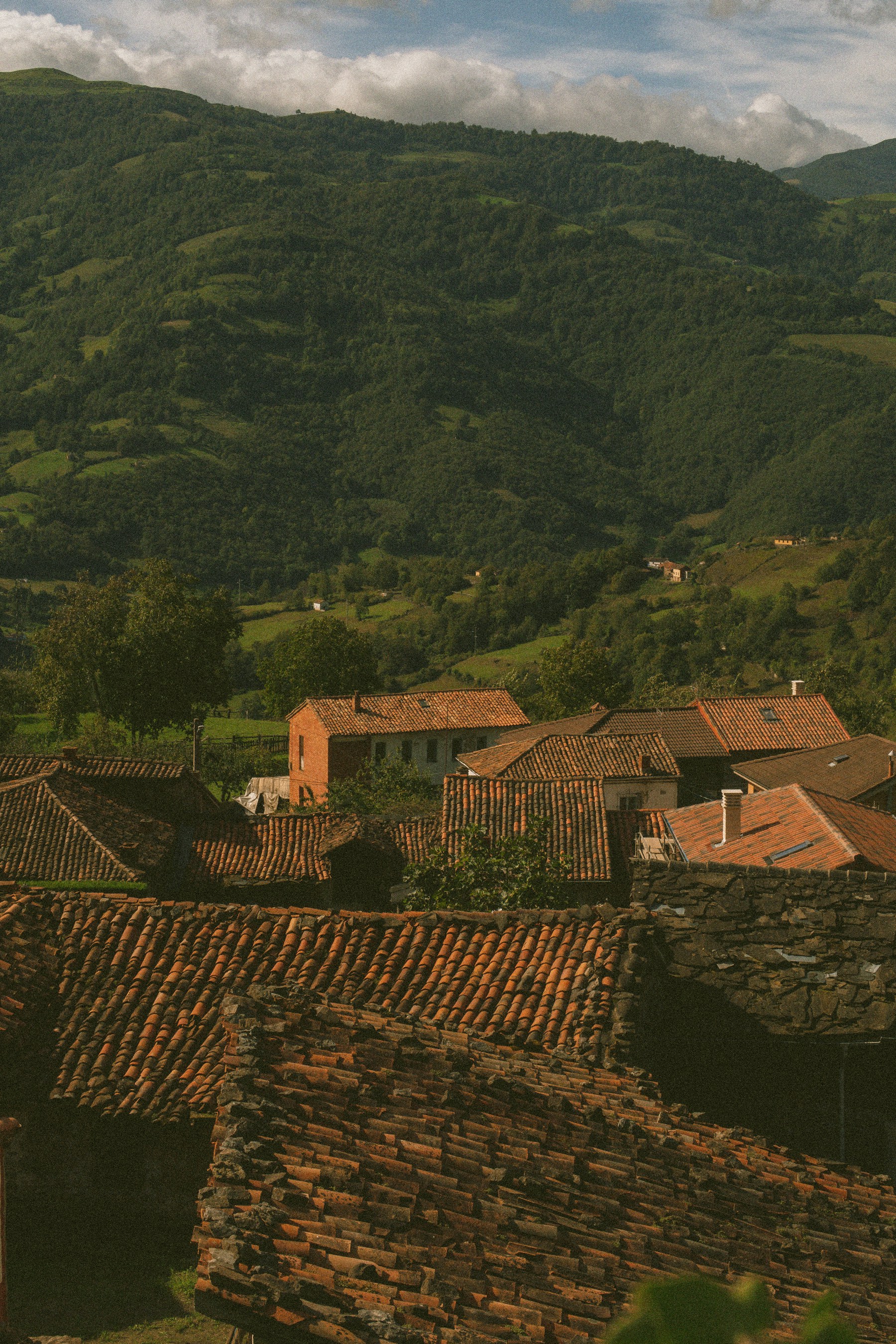 Aldea asturiana entre montañas y prados
