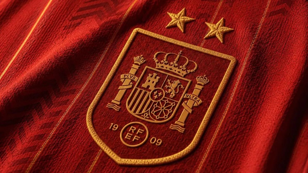 Escudo de la selección española de fútbol bordado en la camiseta roja, con las dos estrellas de campeona del mundo