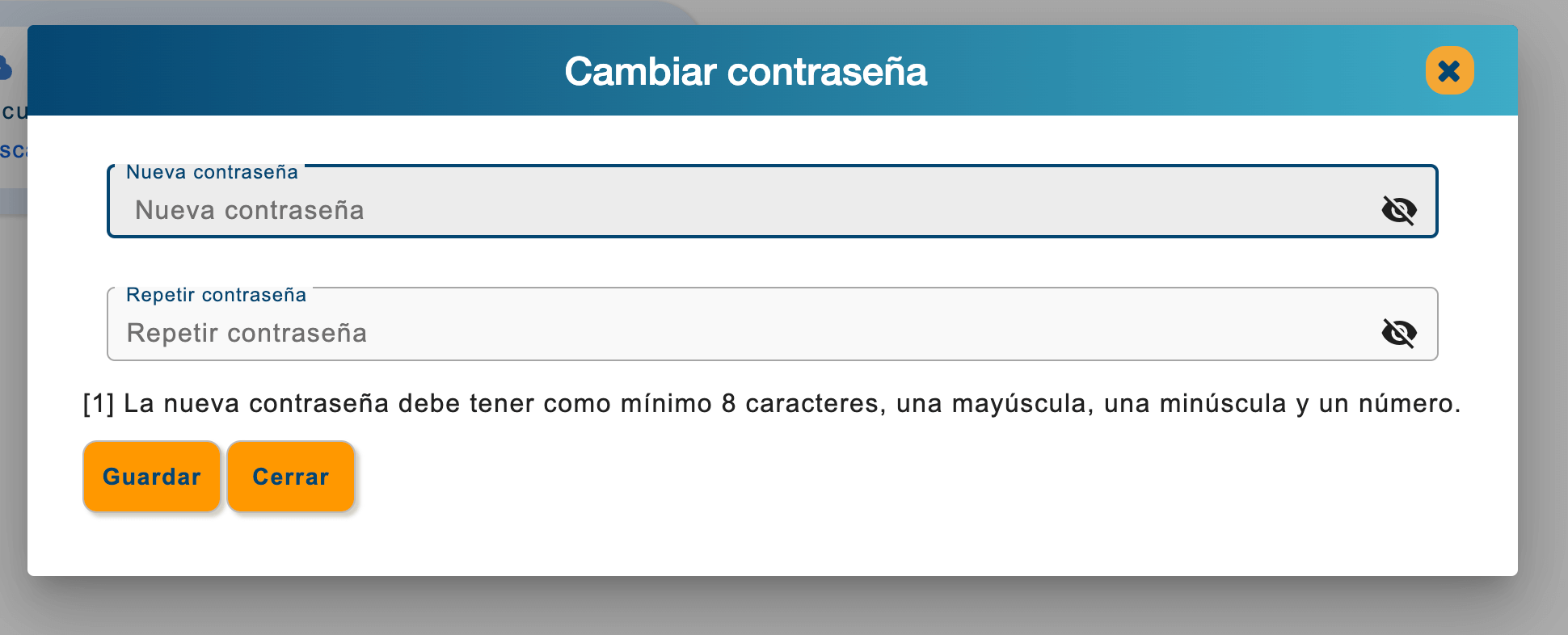 Change password dialog with the new password fields and the Guardar button