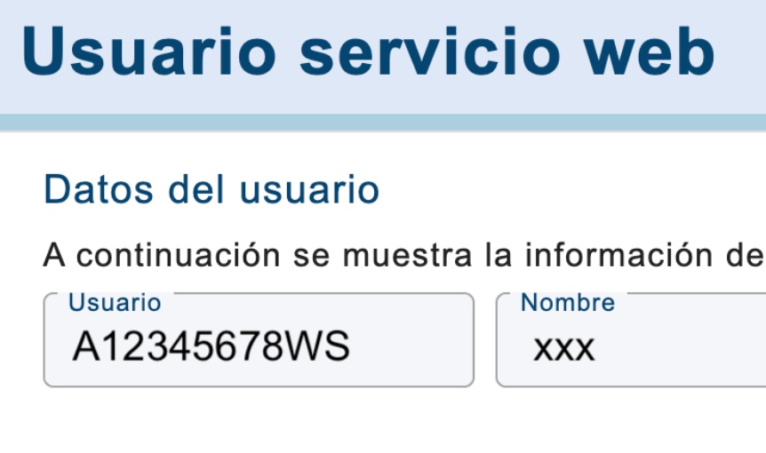 Web service user page showing the Usuario field with an example