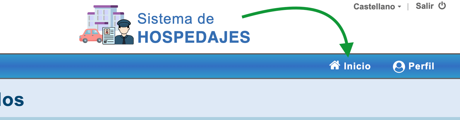 Sistema de Hospedajes portal header with the Inicio link highlighted